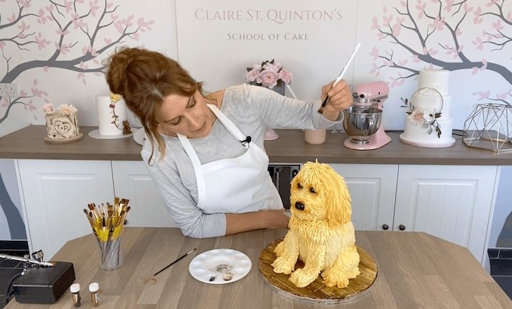 Claire St Quinton dusting the cavapoo to finish off the colouring 